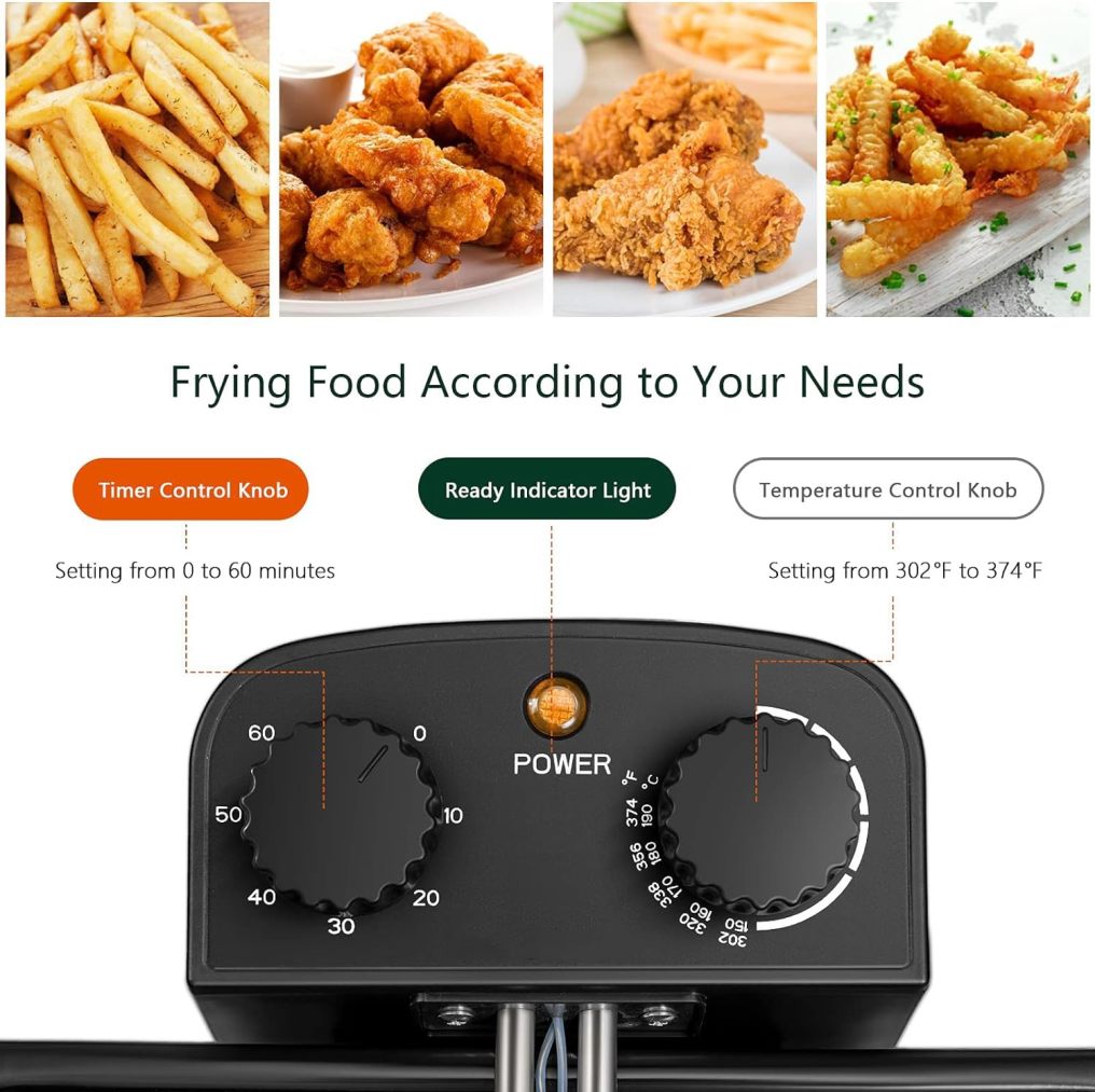 ARLIME Deep Fryer with 2 Baskets, 5.3 Qt/5L Electric Fryer with Adjustable Temperature & Timer