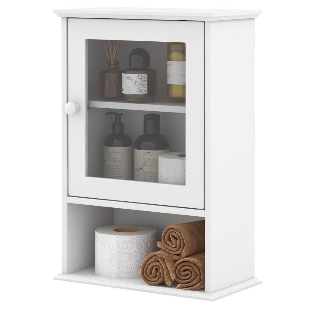 Over The Toilet Storage Organizer Cabinet with Adjustable Shelf & Tempered Glass Door