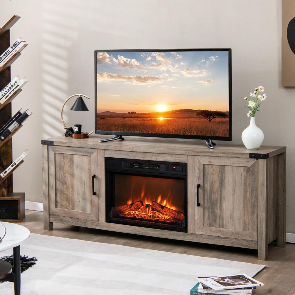 Fireplace TV Stand for TVs up to 70 Inch Farmhouse TV Console with 23” Electric Fireplace Insert