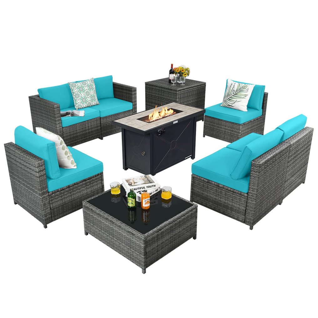 9 Piece Patio Furniture Set with 42'' Fire Pit Table for Poolside Backyard