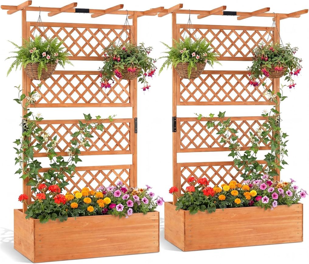 72" Wooden Raised Garden Planter with Trellis and Roof