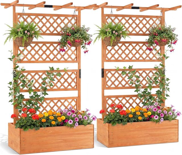 72" Wooden Raised Garden Planter with Trellis and Roof