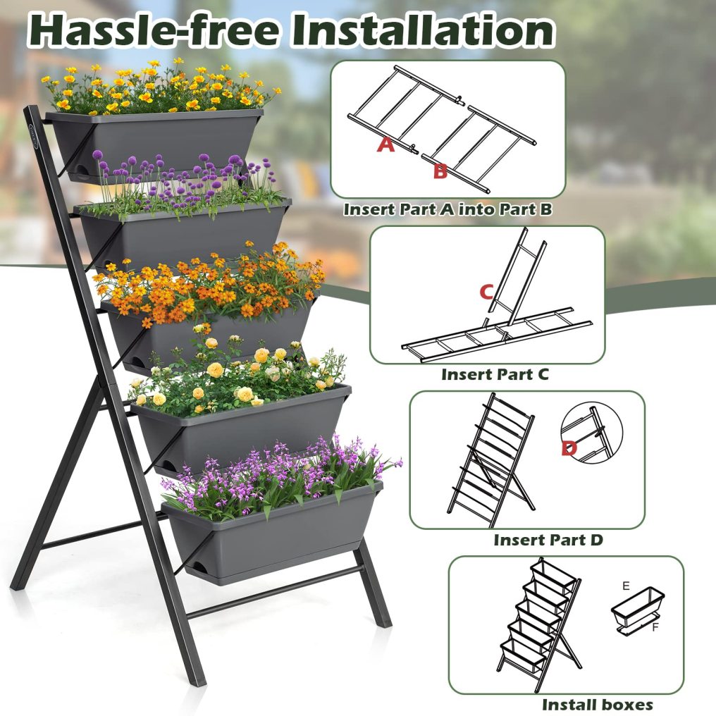 5-Tier Raised Garden Bed with Water Drainage for Flowers Vegetables