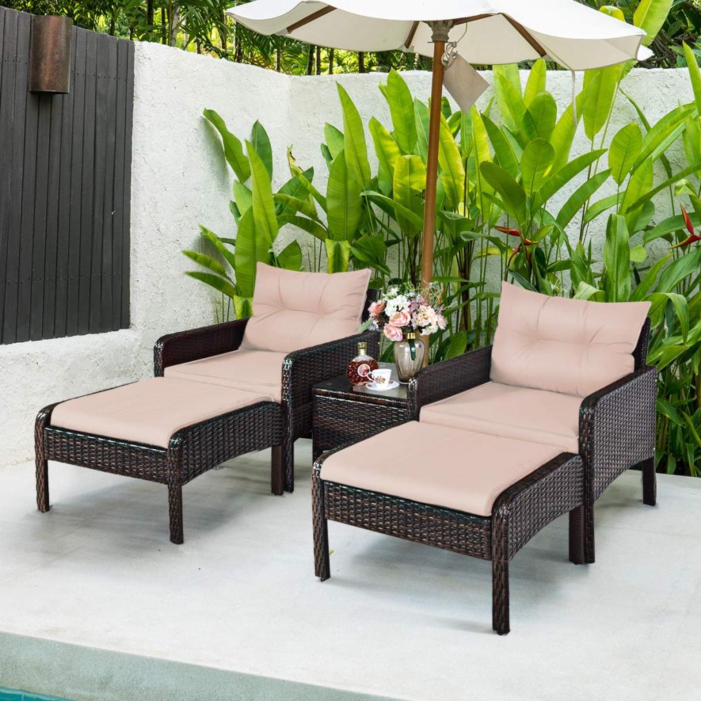 5 PCS Patio Rattan Furniture Set- Outdoor Cushioned Sofa with Ottomans and Coffee Table