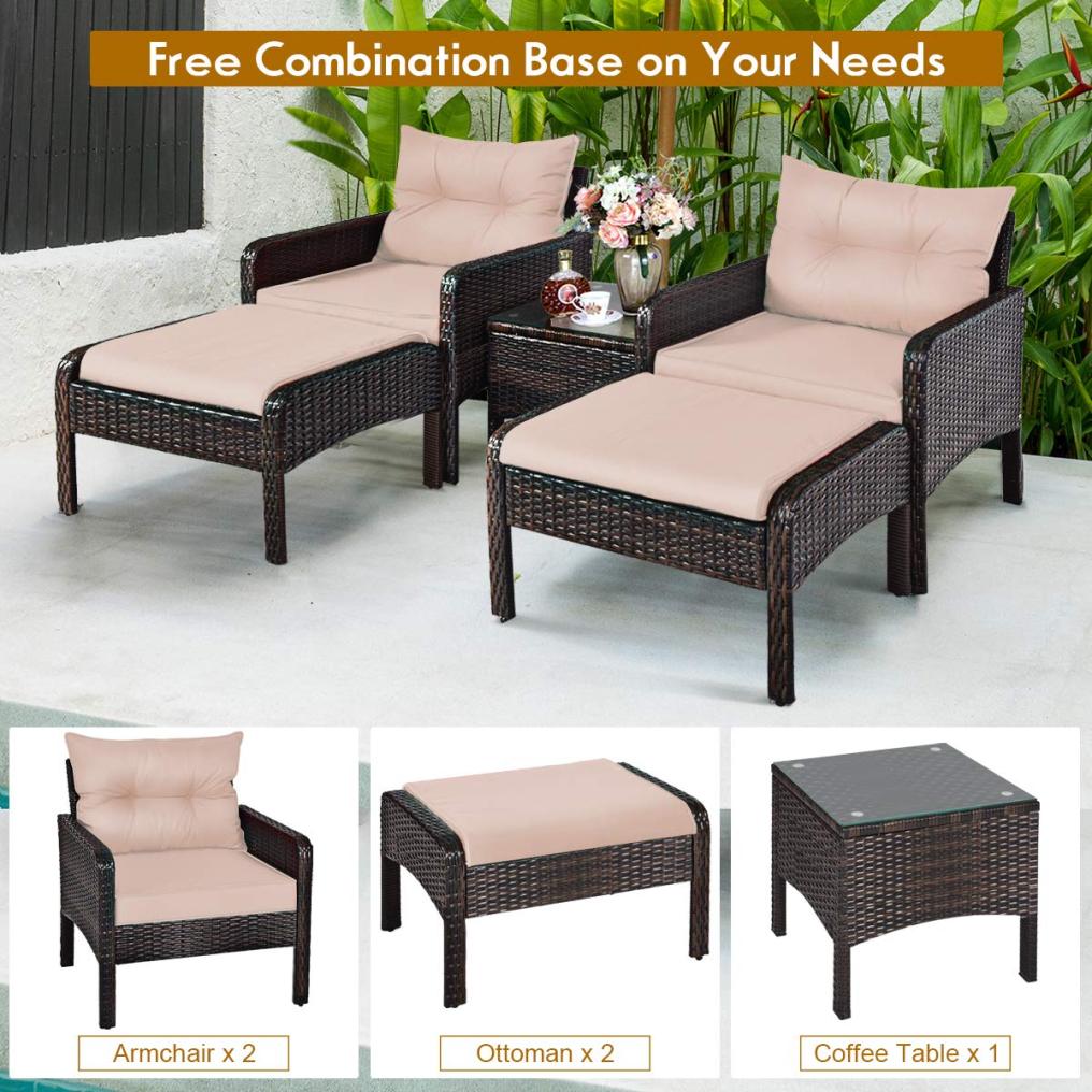 5 PCS Patio Rattan Furniture Set- Outdoor Cushioned Sofa with Ottomans and Coffee Table
