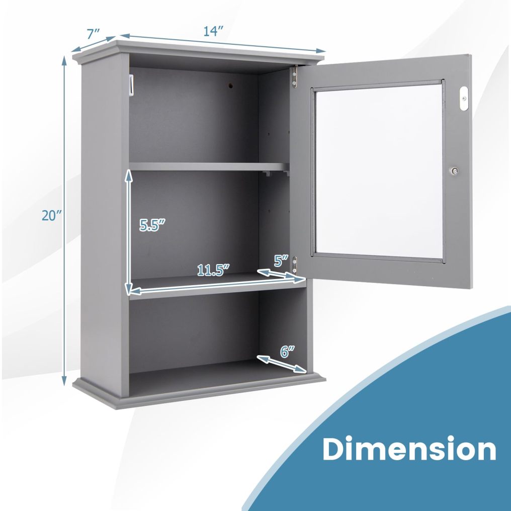 Over The Toilet Storage Organizer Cabinet with Adjustable Shelf & Tempered Glass Door