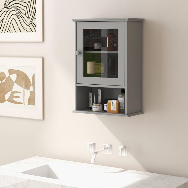 Over The Toilet Storage Organizer Cabinet with Adjustable Shelf & Tempered Glass Door