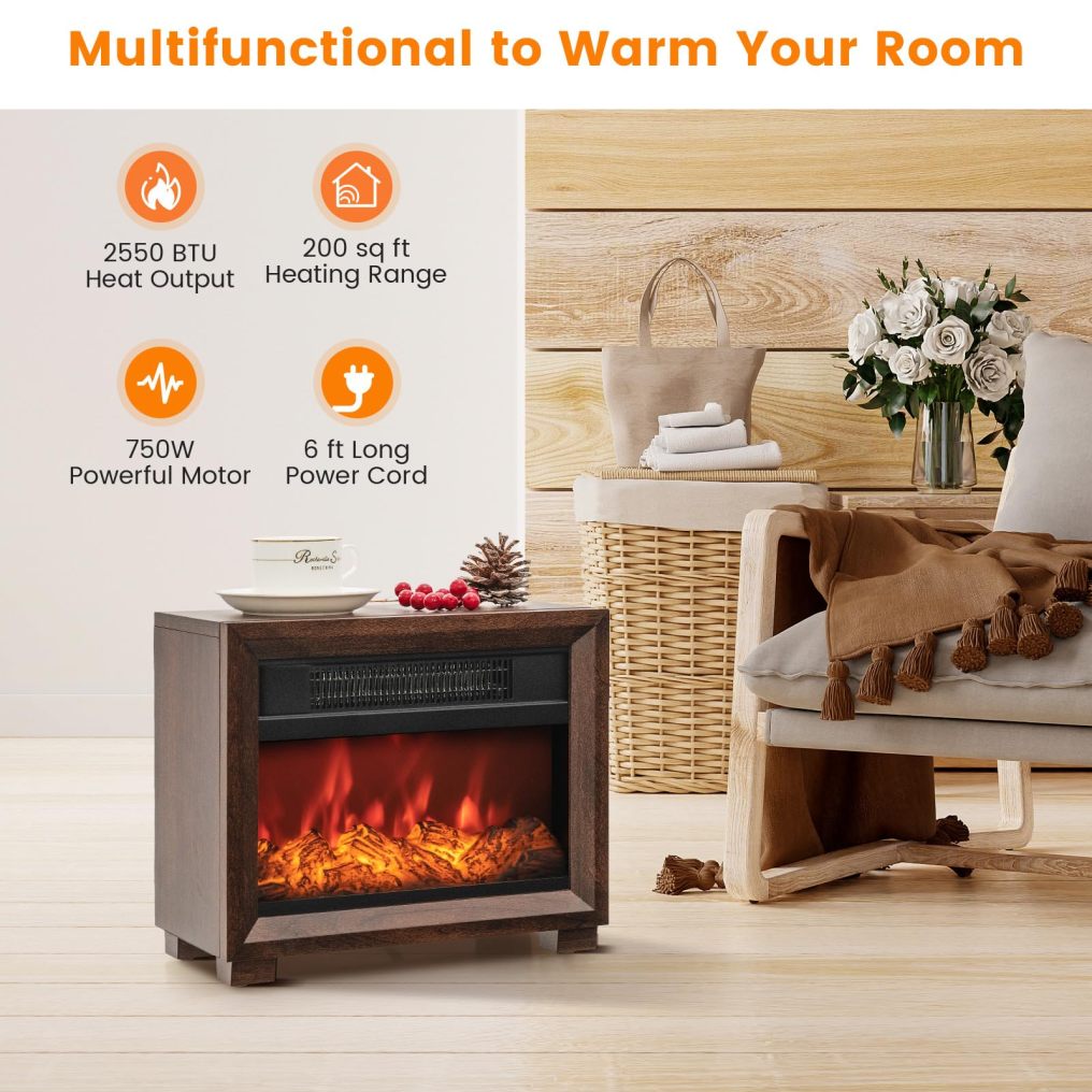 13’’ Electric Fireplace Heater, 750W Mini Tabletop Electric Fireplace Stove with Realistic Flame