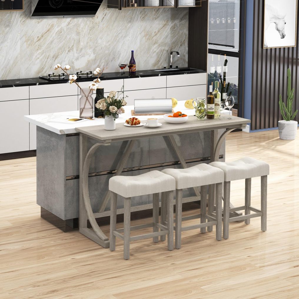 4 Piece Farmhouse Bar Table Set with Power Outlet for Kitchen