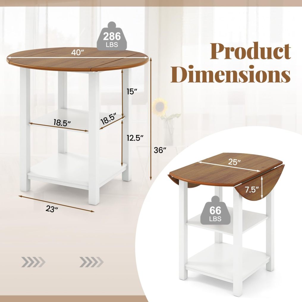 Folding Round Dining Table with 2 Shelves for Small Spaces for Living Room