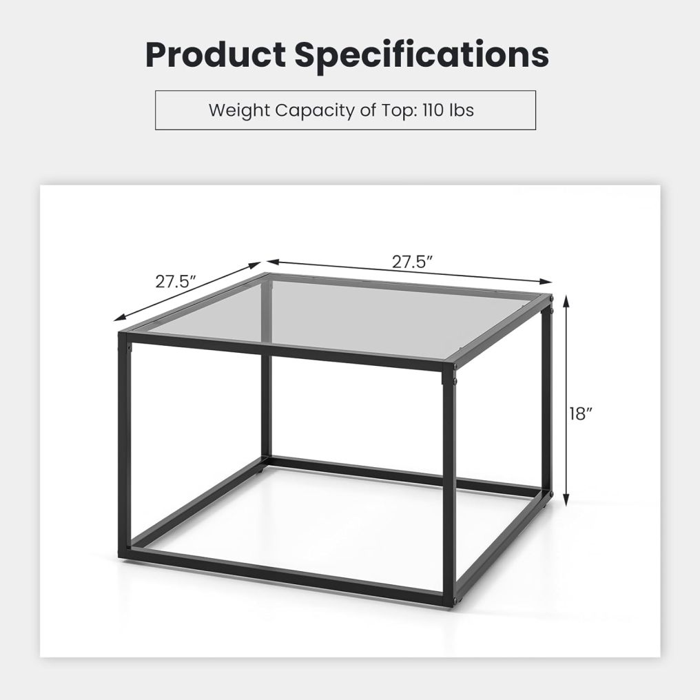 27.5” Square Glass Top Accent Table with Metal Frame