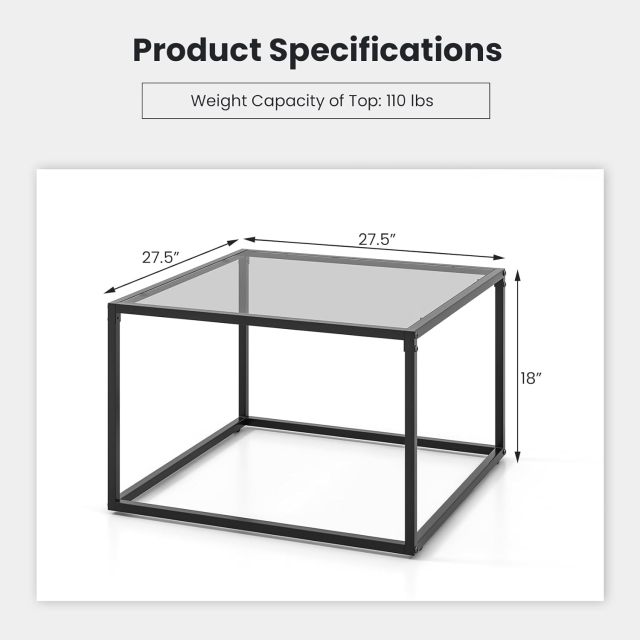 27.5” Square Glass Top Accent Table with Metal Frame