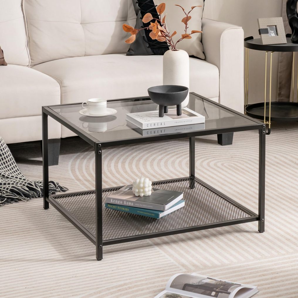 27.5” Square Glass Top Accent Table with Metal Frame