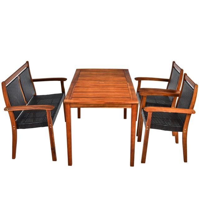 4 Piece Patio Rattan Dining Furniture Set for Garden Backyard Lawn