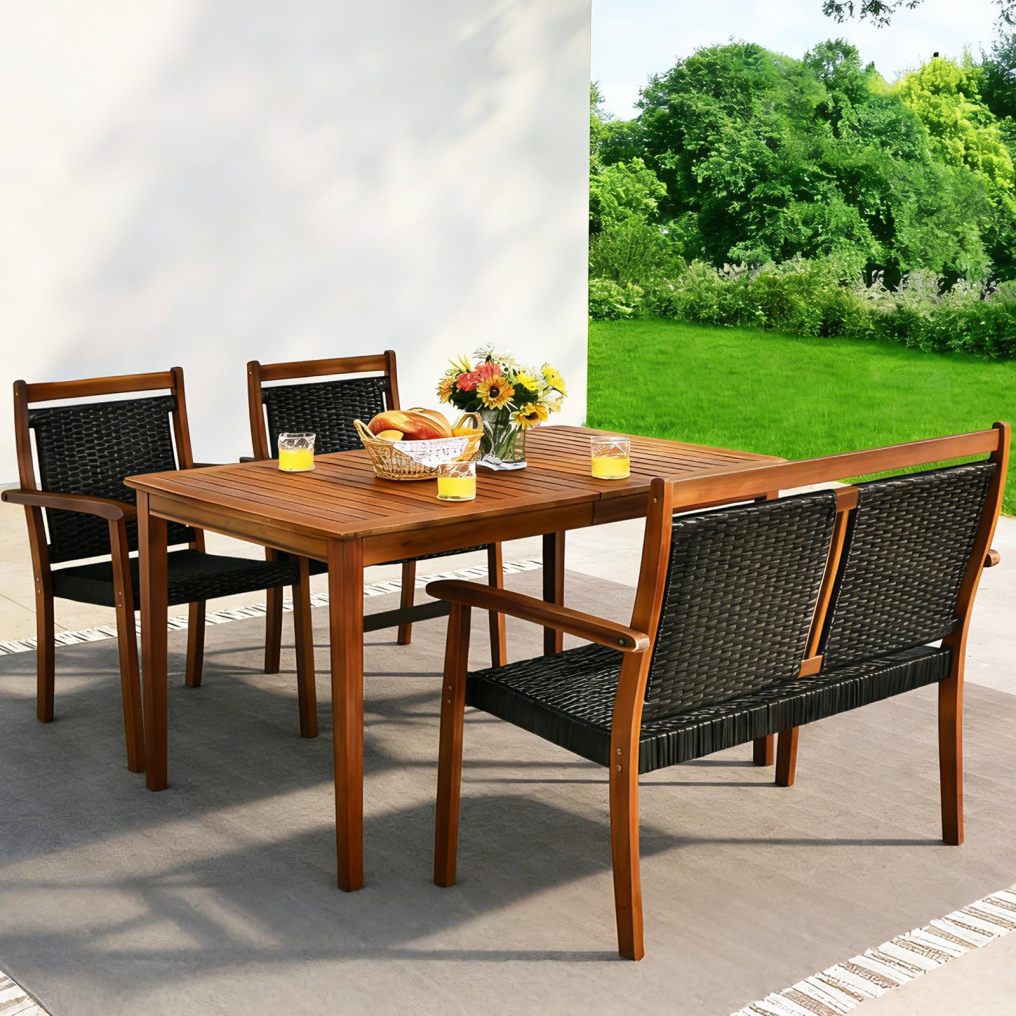 4 Piece Patio Rattan Dining Furniture Set for Garden Backyard Lawn