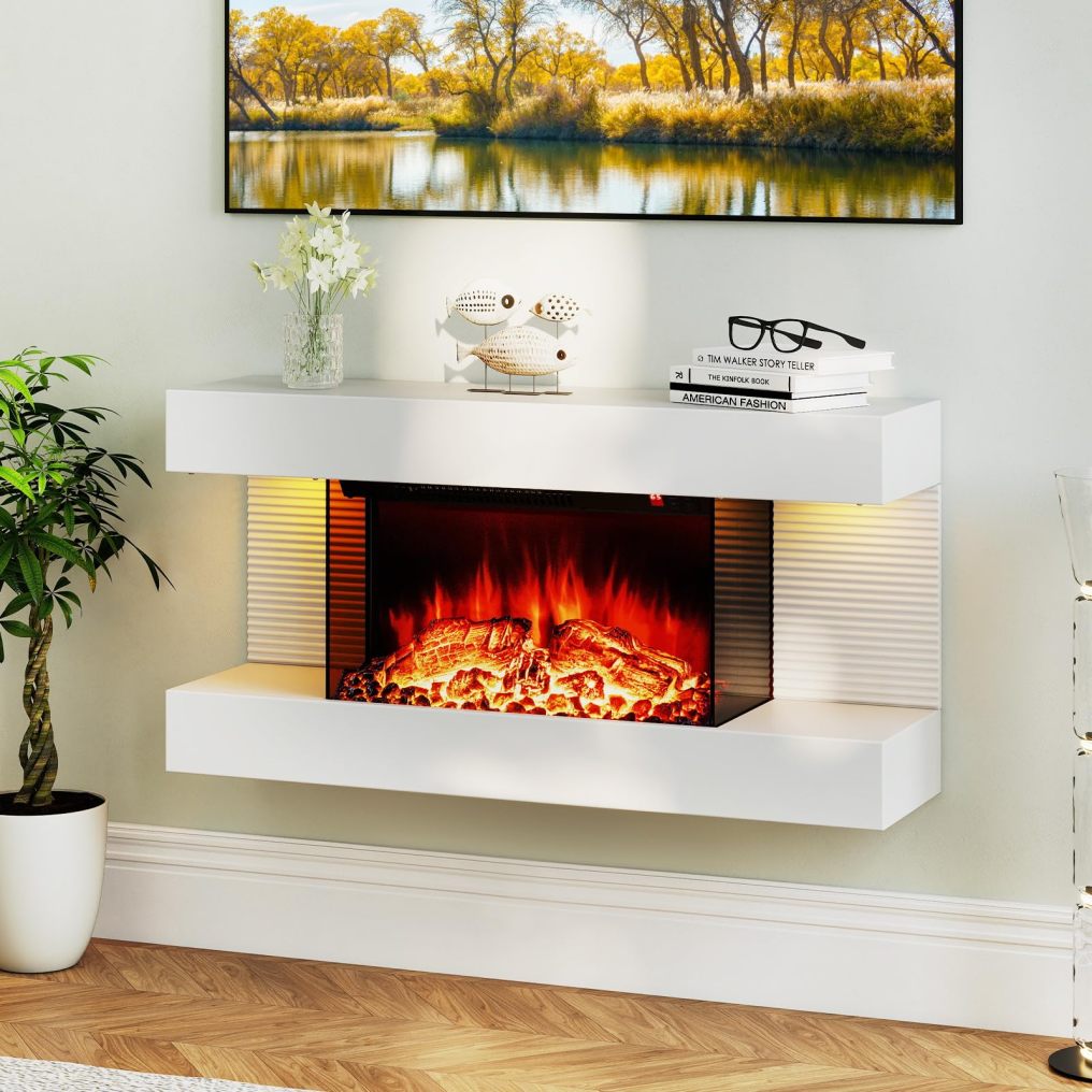 32 inch 3 Sided Glass Electric Fireplace with Floating Mantel
