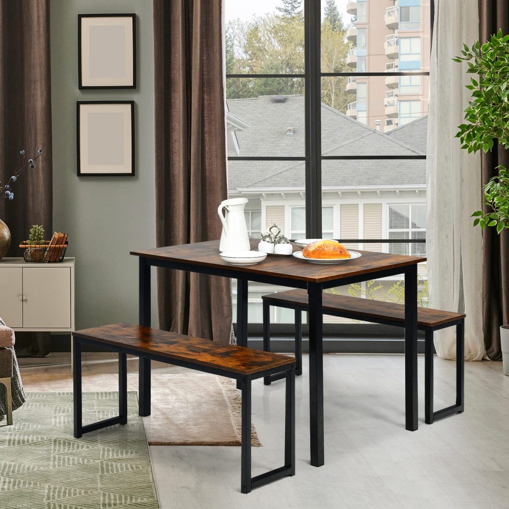 3 PCS Dining Table Set for 4 with 2 Benches for Dining Room