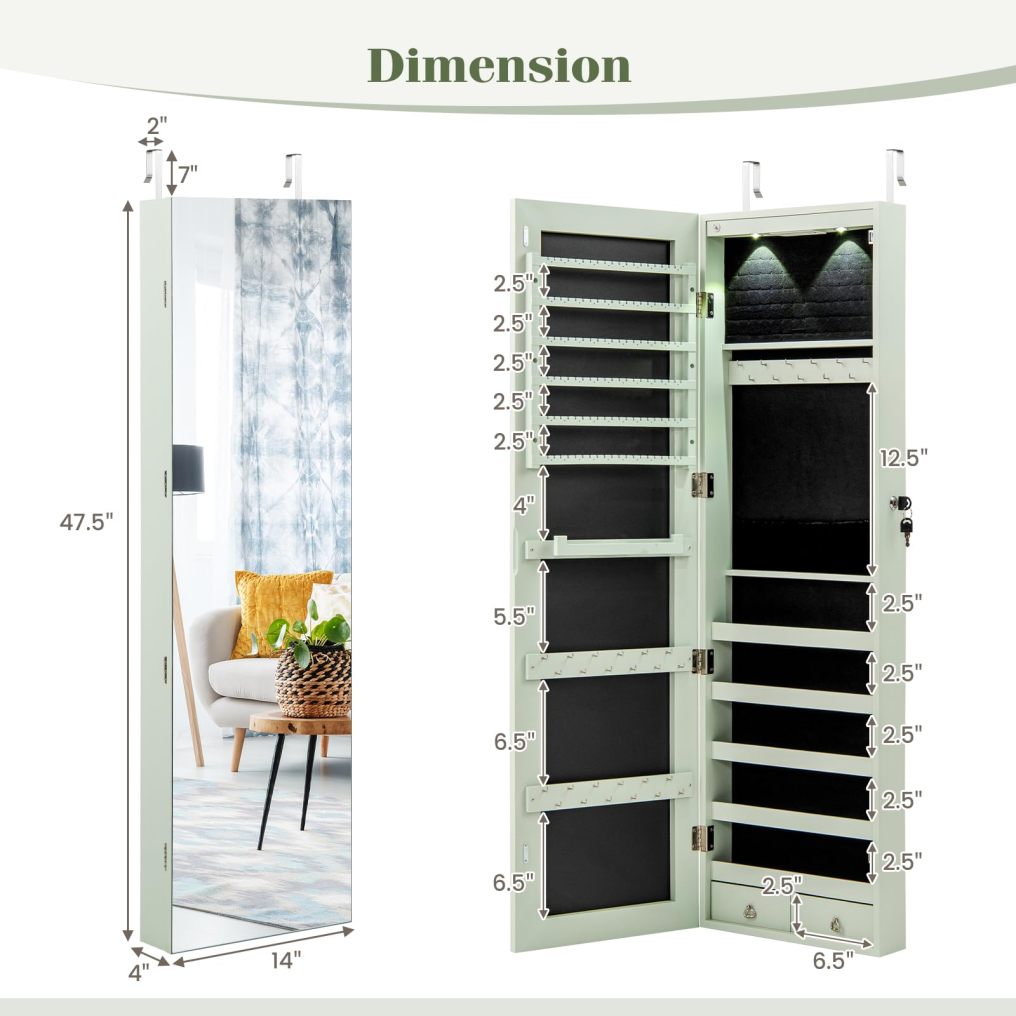 Wall Door Mounted Jewelry Organizer w/Full-length Mirror and 2 LED Lights