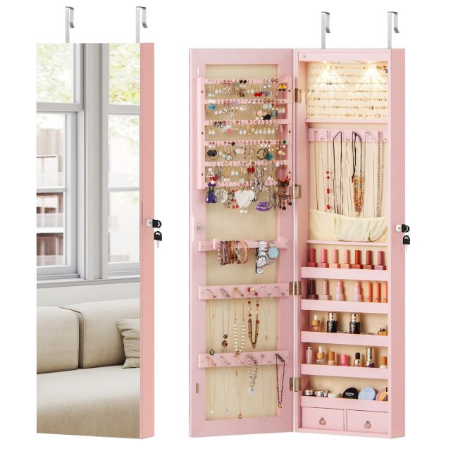 Wall Door Mounted Jewelry Organizer w/Full-length Mirror and 2 LED Lights