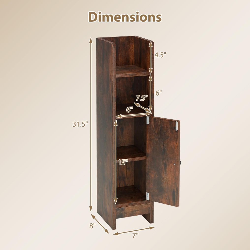 Small Bathroom Storage Cabinet | Slim Corner Floor Cabinet with Door and Adjustable Shelf