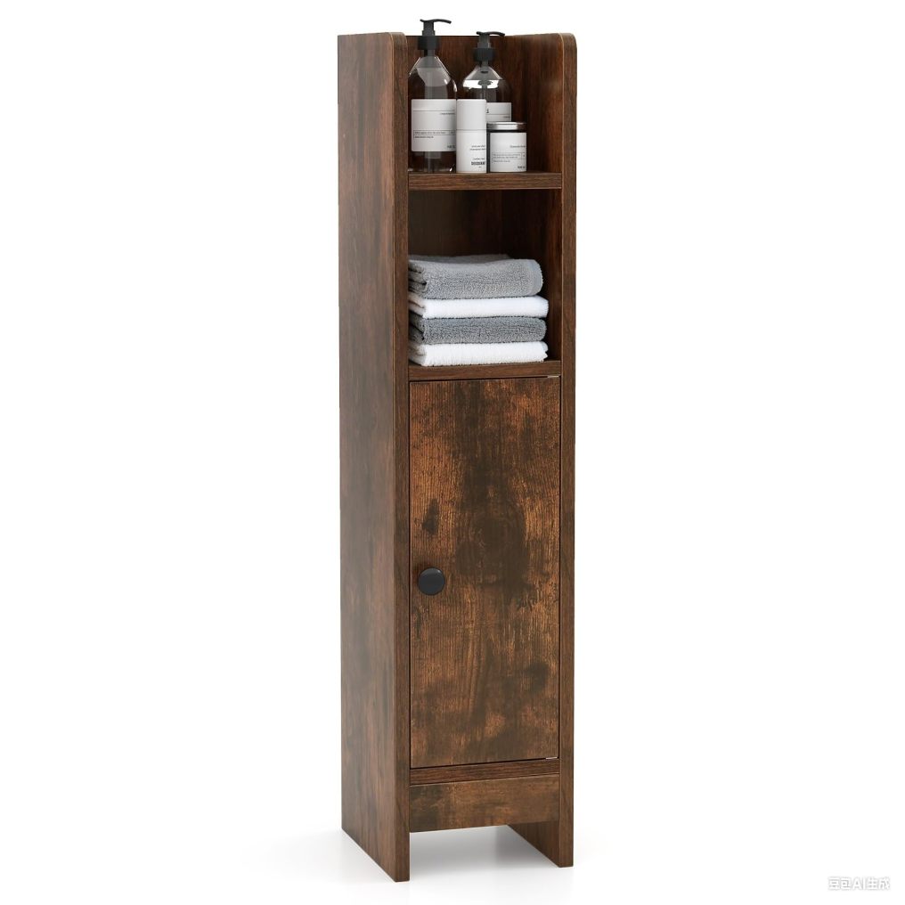 Small Bathroom Storage Cabinet | Slim Corner Floor Cabinet with Door and Adjustable Shelf