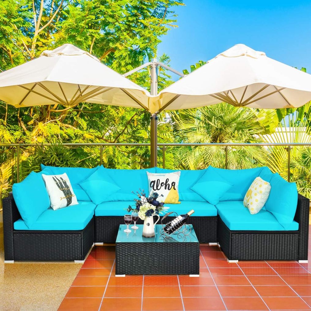 7-Piece Outdoor Sectional Wicker Patio Sofa Set with Tempered Glass Top
