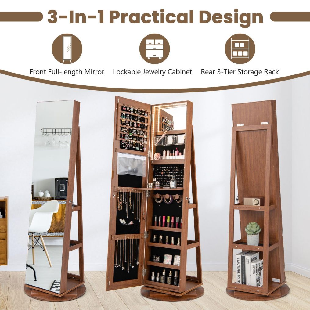 360° Rotating Mirrored Jewelry Cabinet Armoire 3 Color LED Modes Lockable