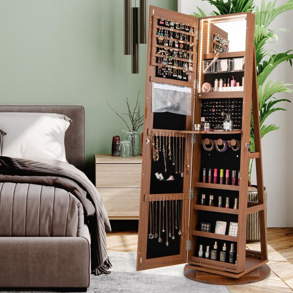 360° Rotating Mirrored Jewelry Cabinet Armoire 3 Color LED Modes Lockable