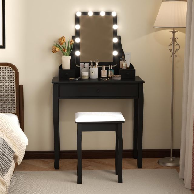 Vanity Desk with Lights 2-in-1 Makeup Table Dressing Table Set with 3 Drawers