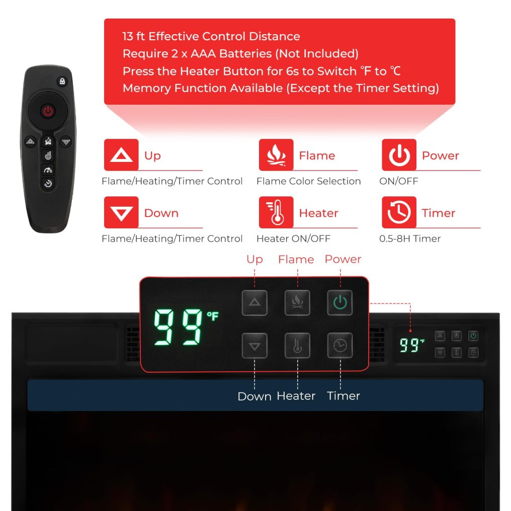 23-Inch Infrared Quartz Electric Fireplace Insert with Remote Control, 1500W Recessed Fireplace Heater