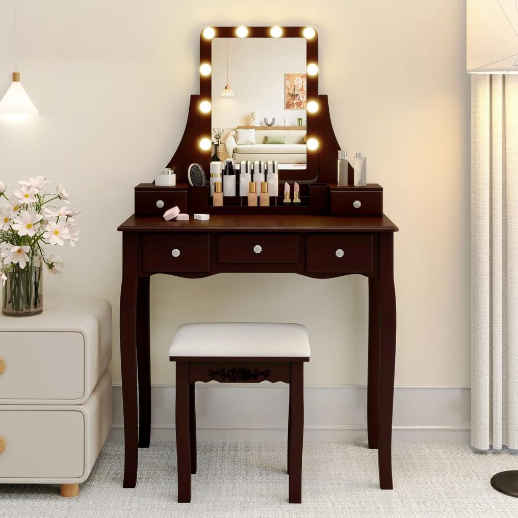 Vanity Desk with Lights Makeup Table with 3 Modes Adjustable Lighted LED Mirror & Cushioned Stool