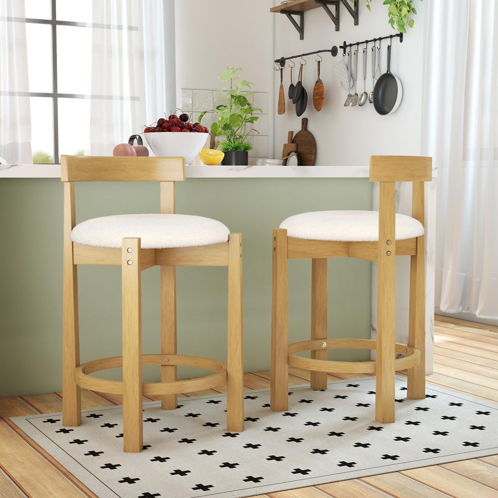 24'' Counter Height Teddy Velvet Upholstered Bar Chairs with Backrests and Footrests (2/4)