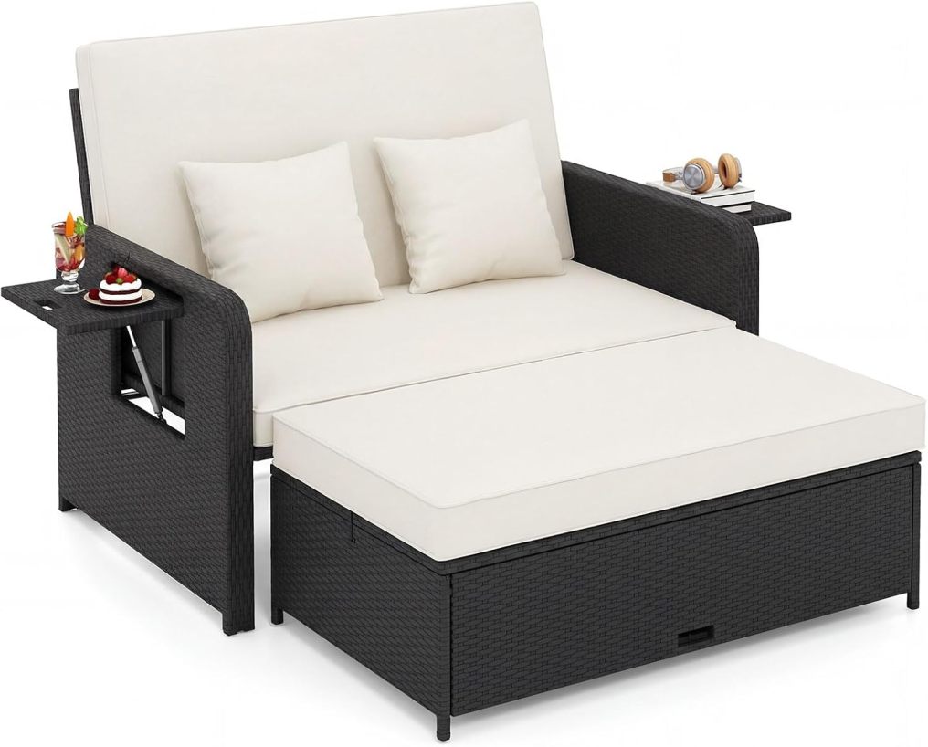 Patio Rattan Daybed with Cushions | Outdoor Wicker Loveseat Sofa with Storage Ottoman