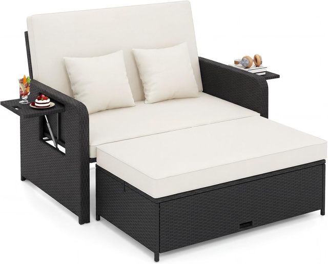 Patio Rattan Daybed with Cushions | Outdoor Wicker Loveseat Sofa with Storage Ottoman