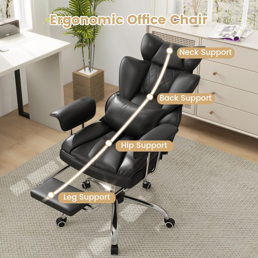 400 LBS Big and Tall Office Chair PU Leather Executive Desk Chair w/Retractable Footrest