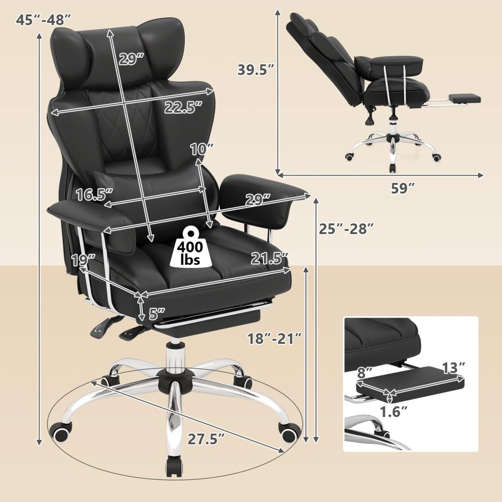 400 LBS Big and Tall Office Chair PU Leather Executive Desk Chair w/Retractable Footrest