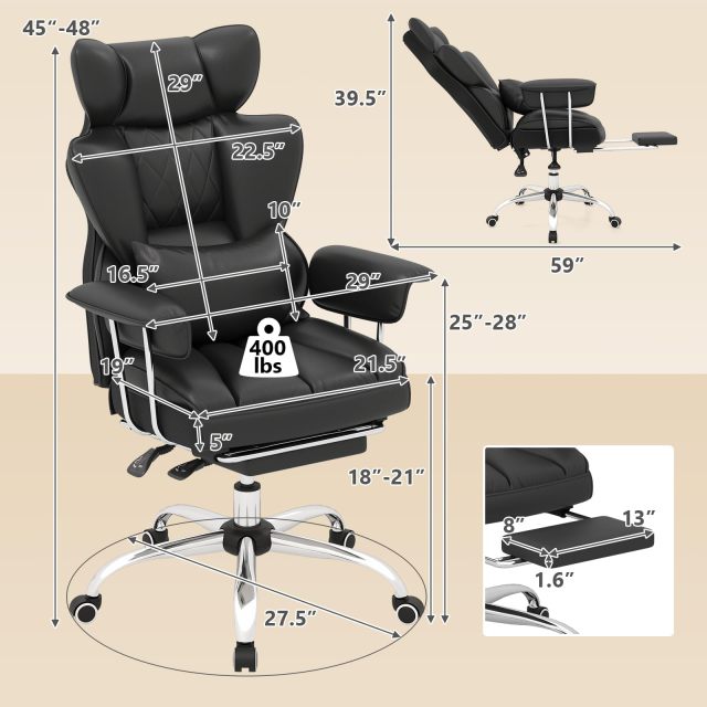 400 LBS Big and Tall Office Chair PU Leather Executive Desk Chair w/Retractable Footrest