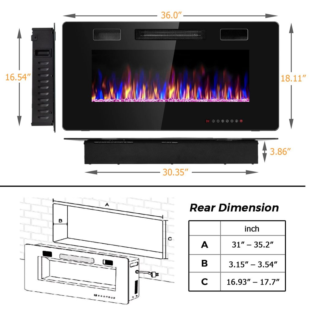 36-Inch Electric Fireplace Insert 750W/1500W Wall Recessed and Mounted Fireplace