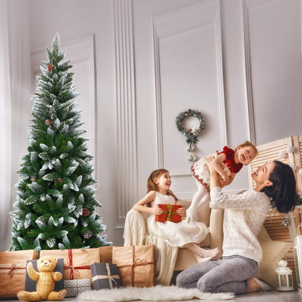 6FT Artificial Snow Flocked Pencil Christmas Tree Slim X-mas Tree with 630 Branch Tips