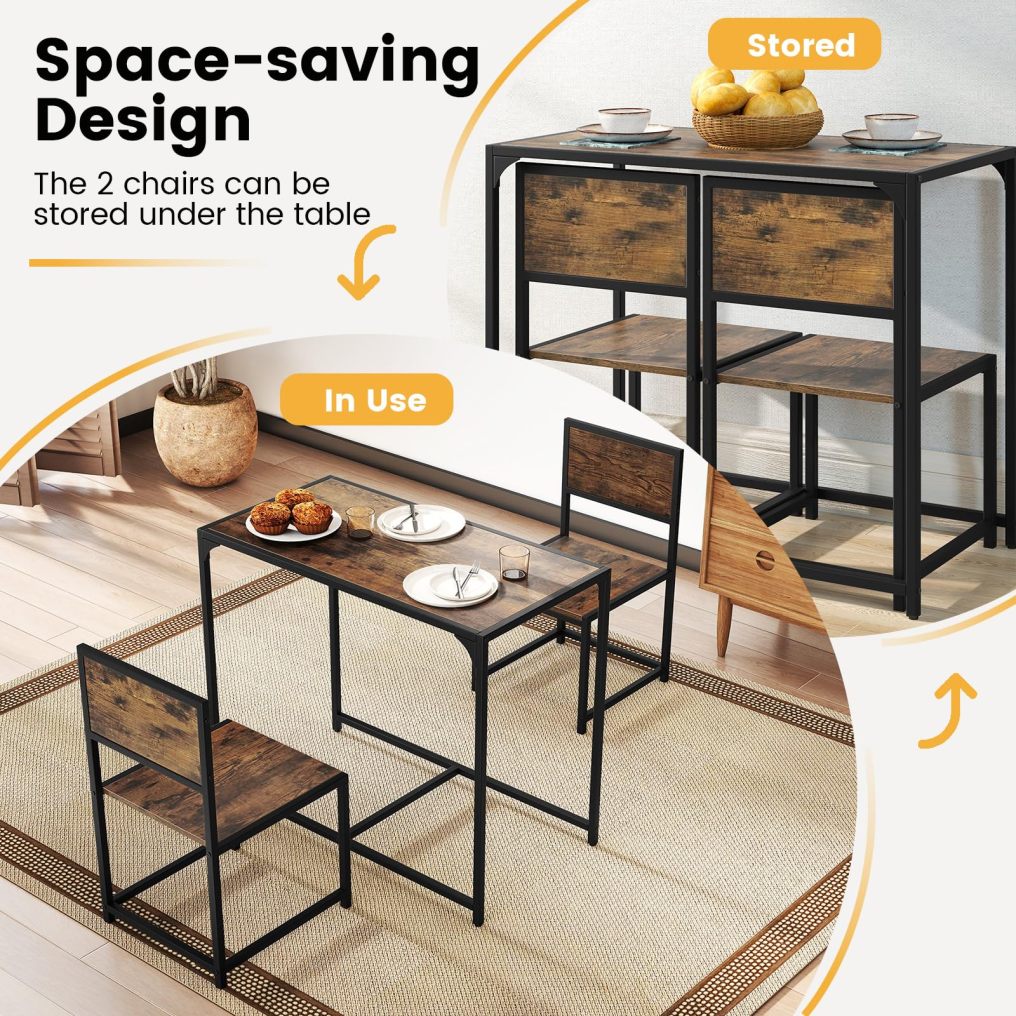ARLIME Small Dining Table for 2 | Industrial Table and Chairs Set w/Metal Frame