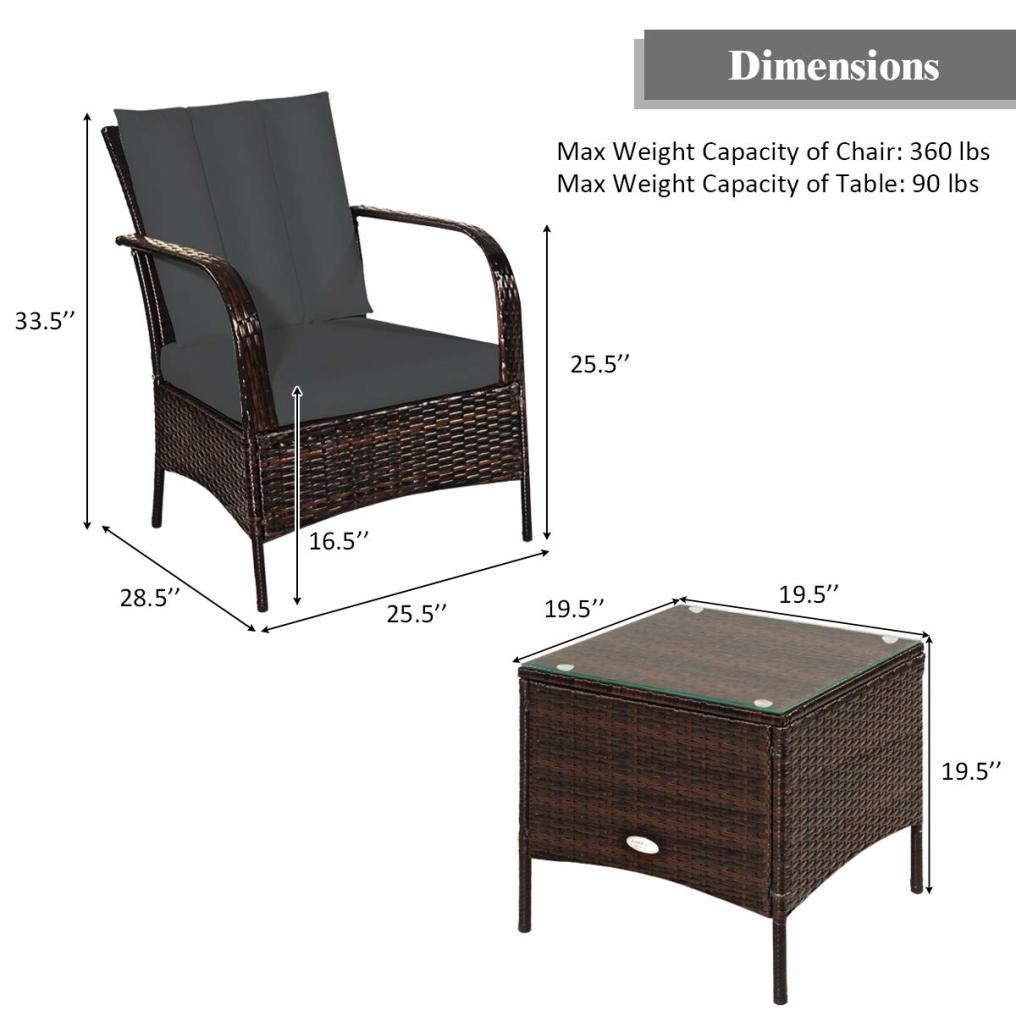 3 Pieces Patio Rattan Furniture Set with Coffee Table & 2 Cushions for Backyard