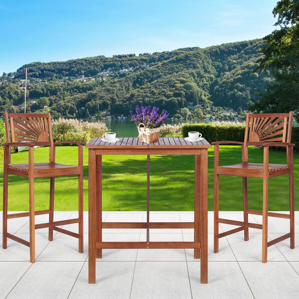 3PCS Bar Table Set Outdoor Acacia Wood Dining Set