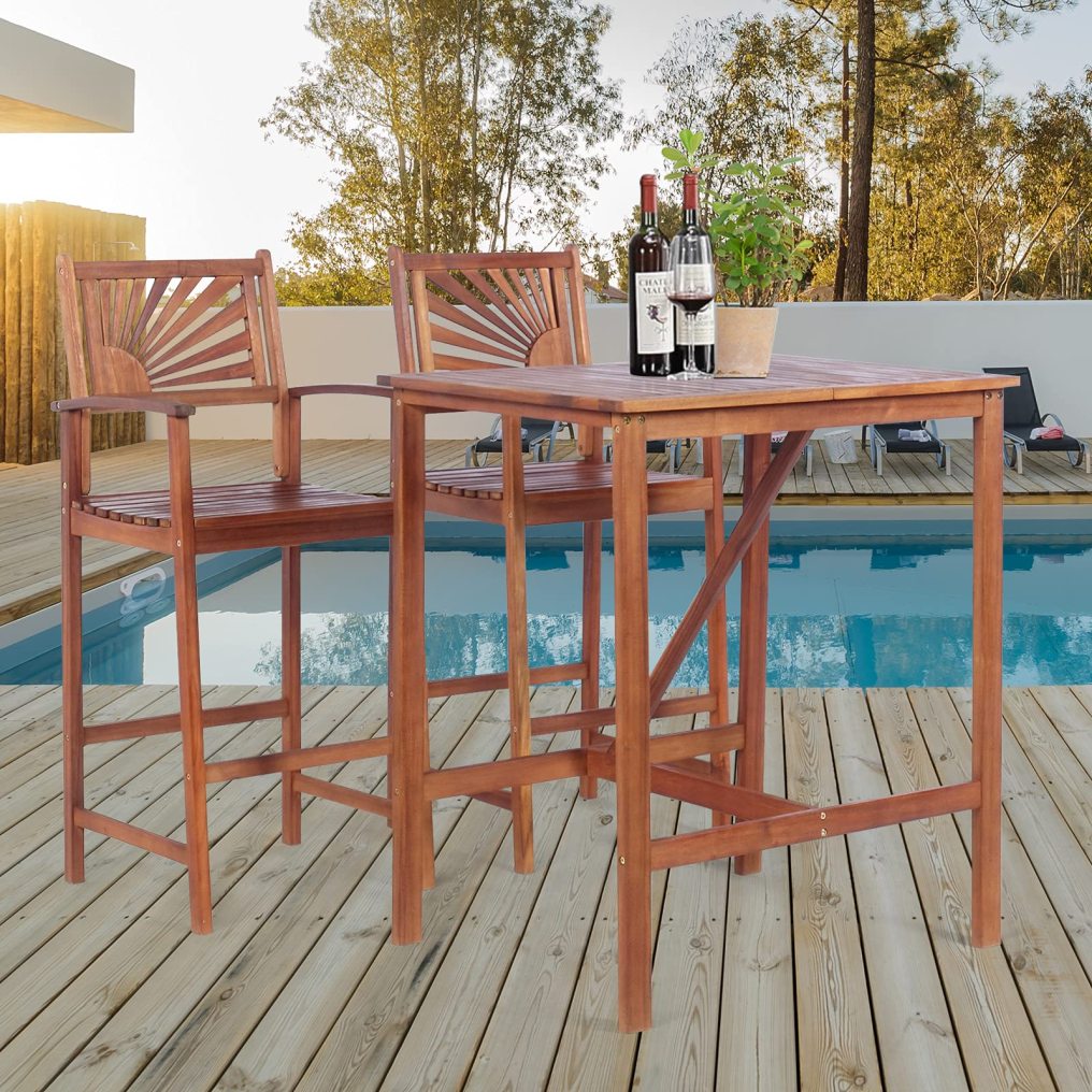 3PCS Bar Table Set Outdoor Acacia Wood Dining Set