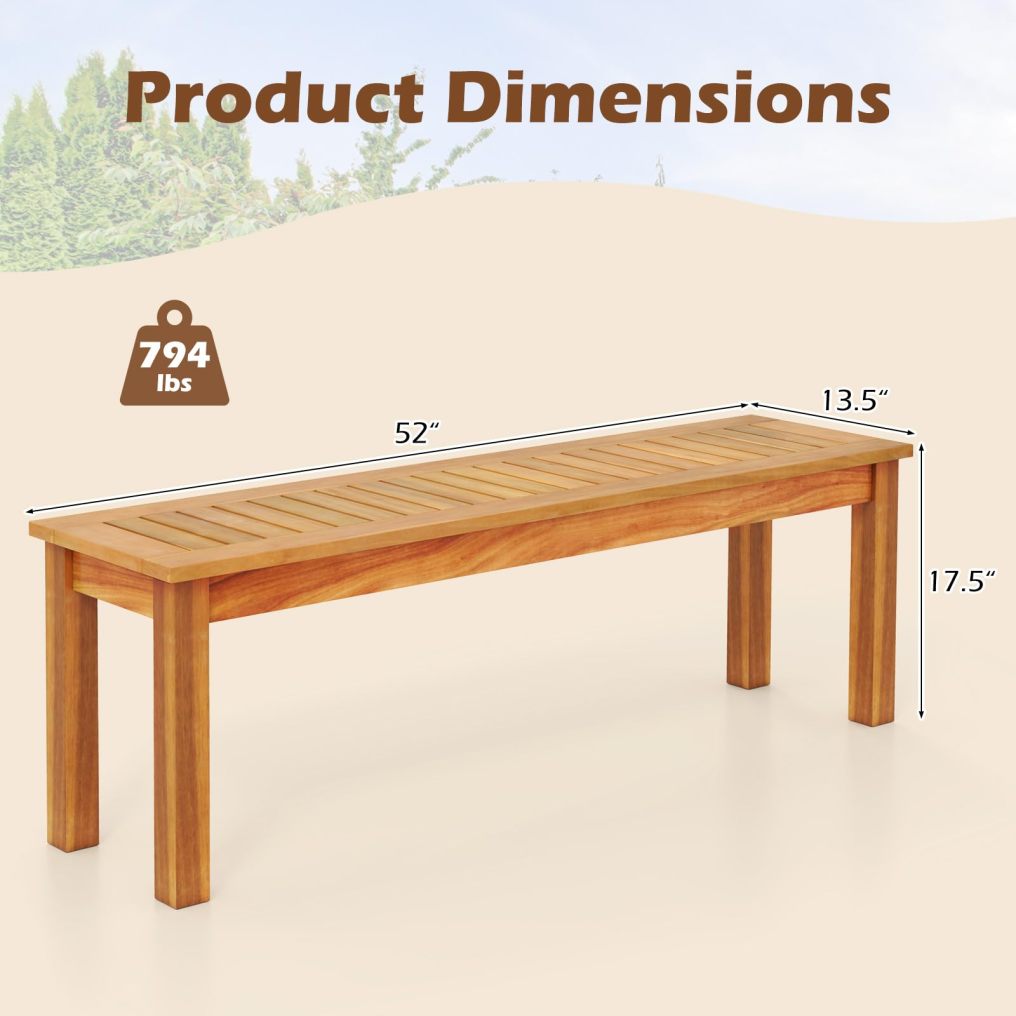 52” Backless Acacia Wood Narrow Bench for Patio