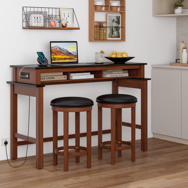3 Pieces Bar Table Set with Power Outlet 36” Counter Height Bar Table