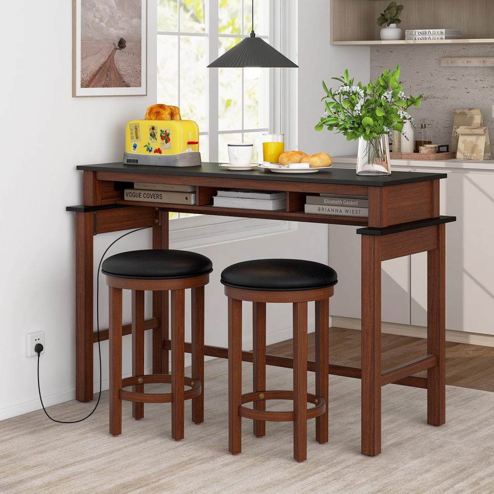 3 Pieces Bar Table Set with Power Outlet 36” Counter Height Bar Table