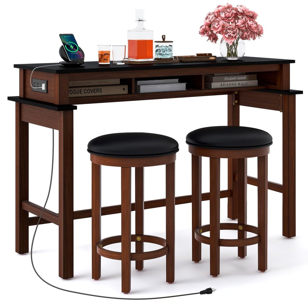 3 Pieces Bar Table Set with Power Outlet 36” Counter Height Bar Table