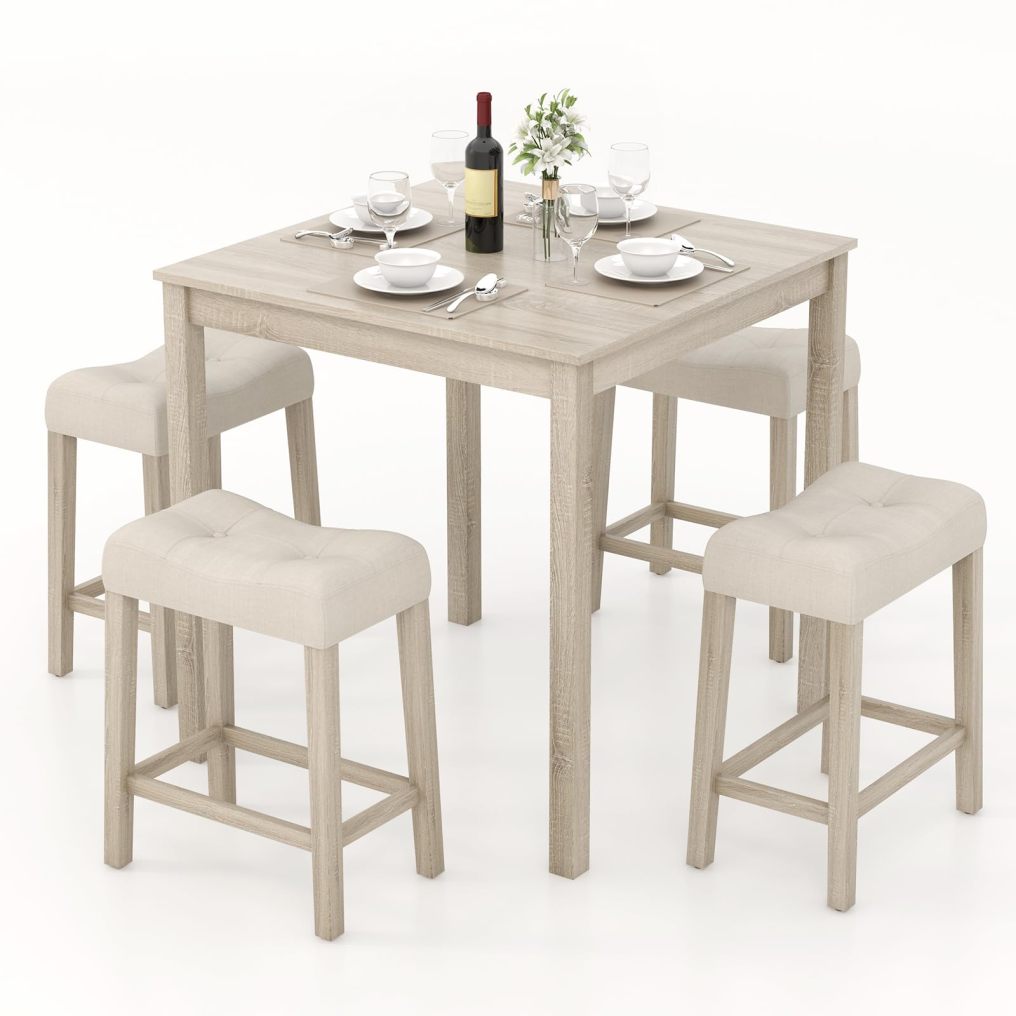 5-Piece Bar Table Set Square Breakfast Set for 4 w/Padded Stools