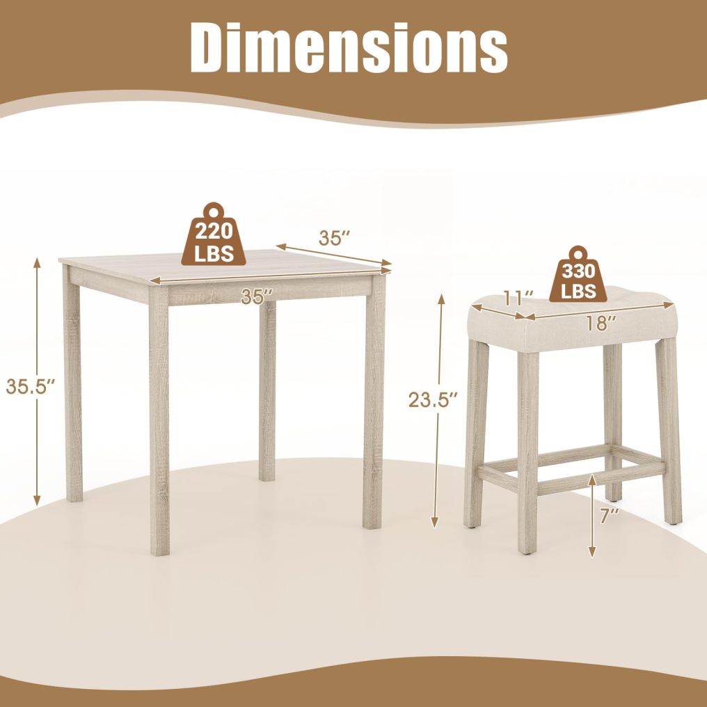 5-Piece Bar Table Set Square Breakfast Set for 4 w/Padded Stools
