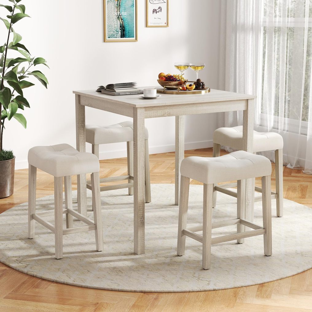 5-Piece Bar Table Set Square Breakfast Set for 4 w/Padded Stools